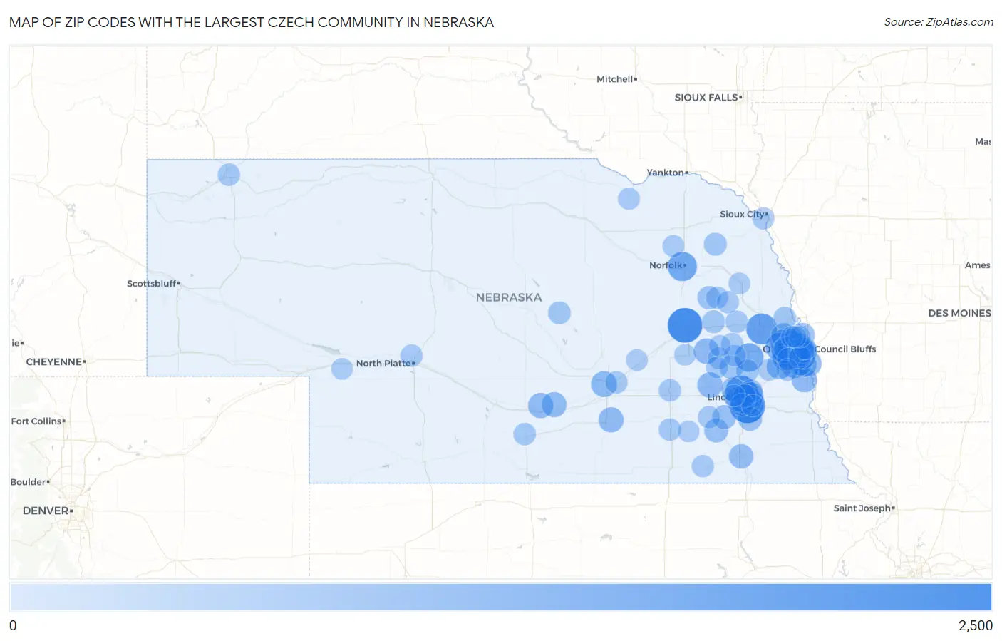 Zip Codes with the Largest Czech Community in Nebraska Map