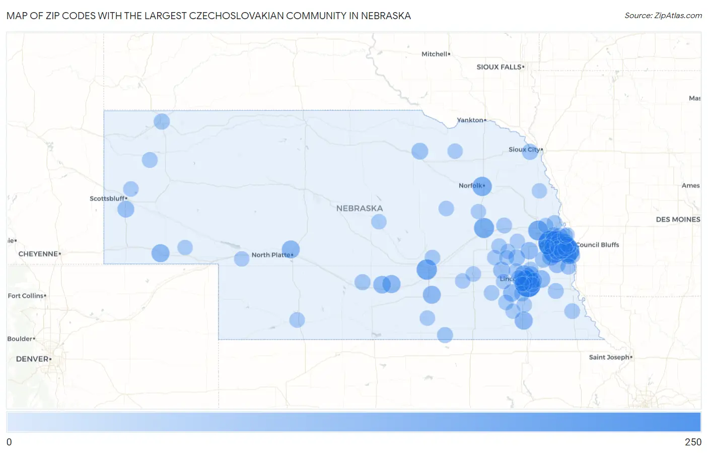 Zip Codes with the Largest Czechoslovakian Community in Nebraska Map