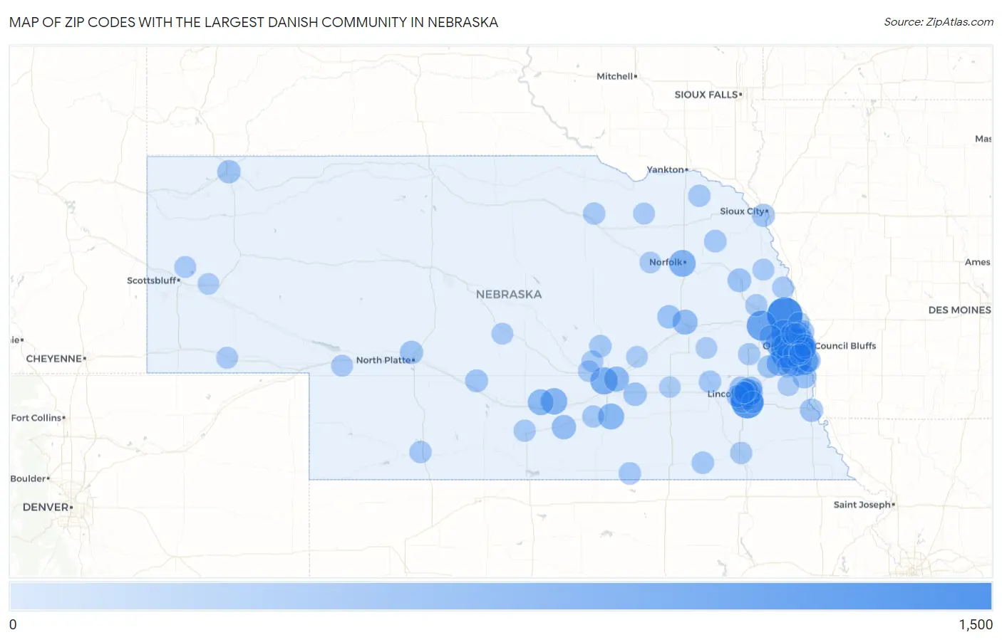 Zip Codes with the Largest Danish Community in Nebraska Map