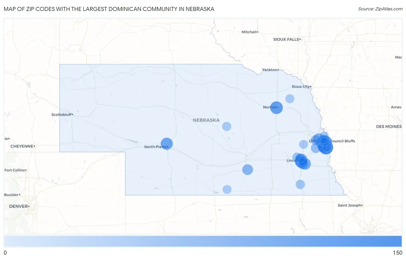 Zip Codes with the Largest Dominican Community in Nebraska Map
