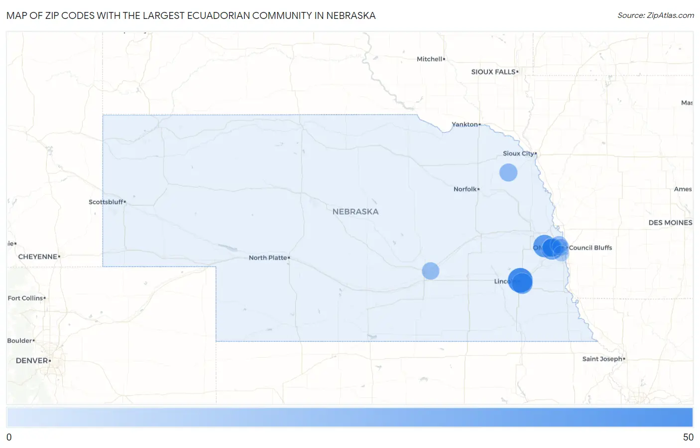 Zip Codes with the Largest Ecuadorian Community in Nebraska Map