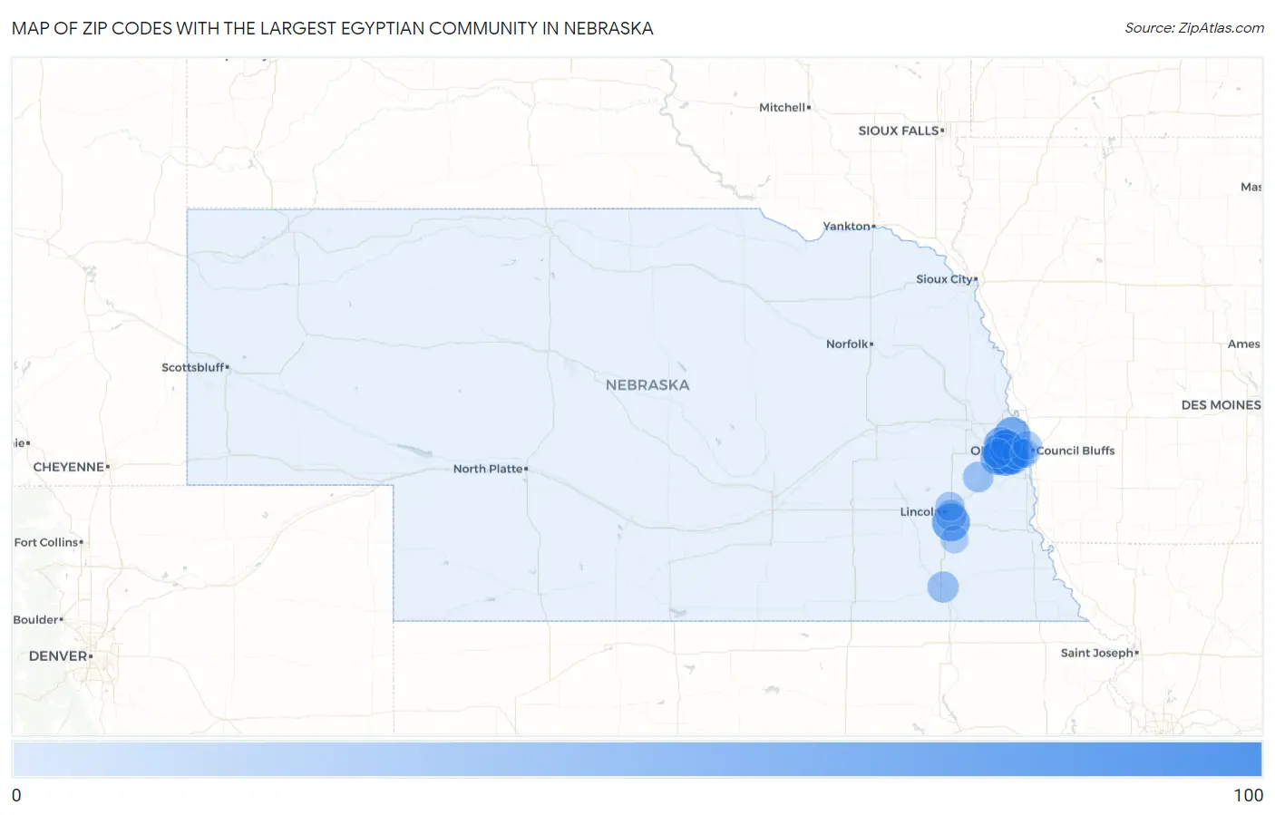 Zip Codes with the Largest Egyptian Community in Nebraska Map