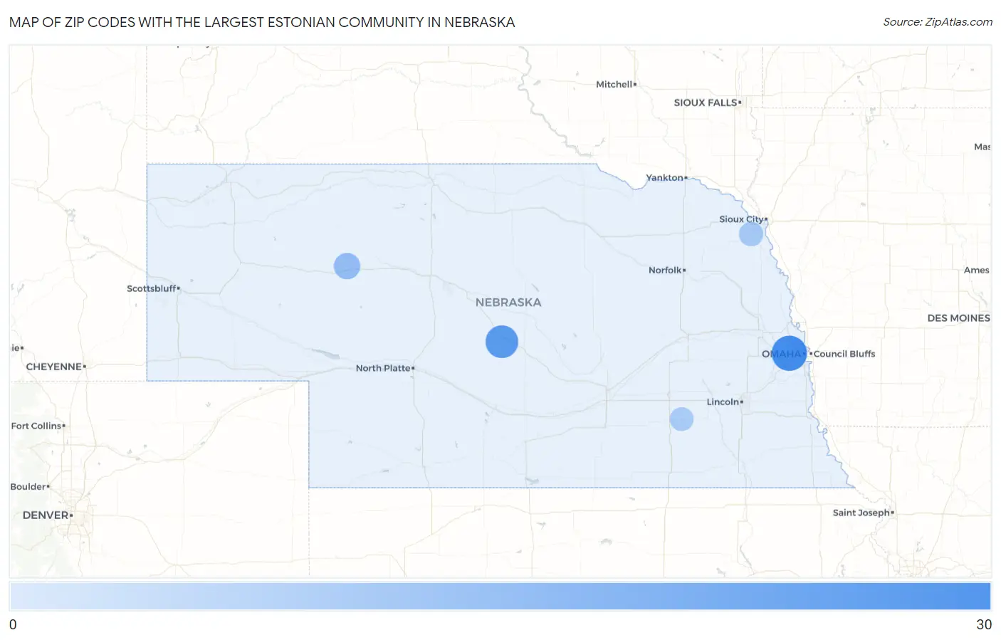 Zip Codes with the Largest Estonian Community in Nebraska Map