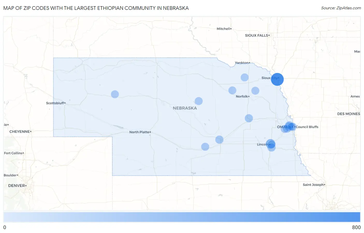 Zip Codes with the Largest Ethiopian Community in Nebraska Map