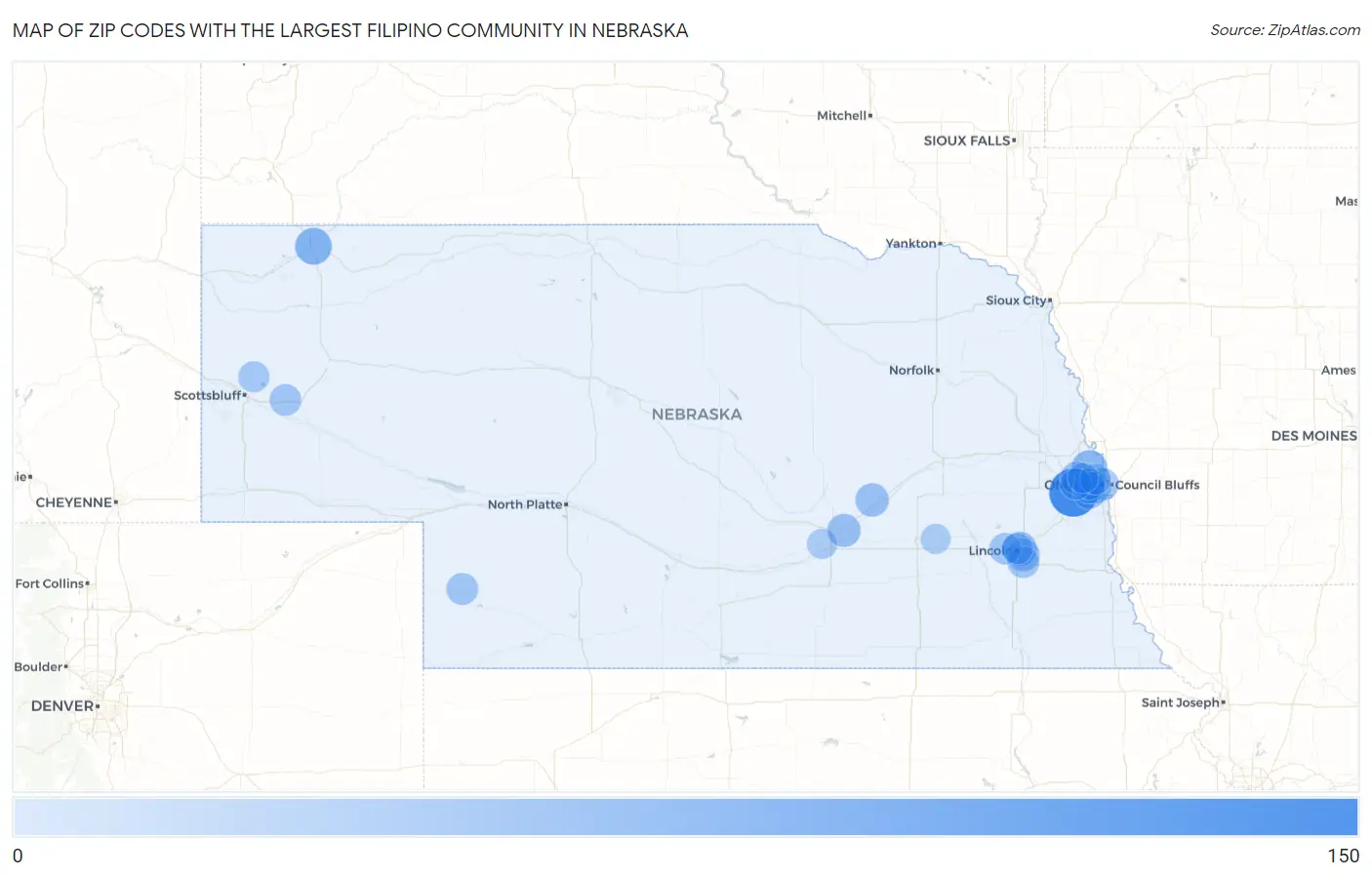 Zip Codes with the Largest Filipino Community in Nebraska Map