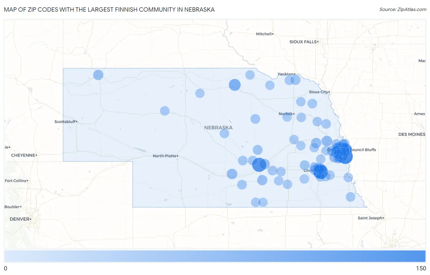 Zip Codes with the Largest Finnish Community in Nebraska Map