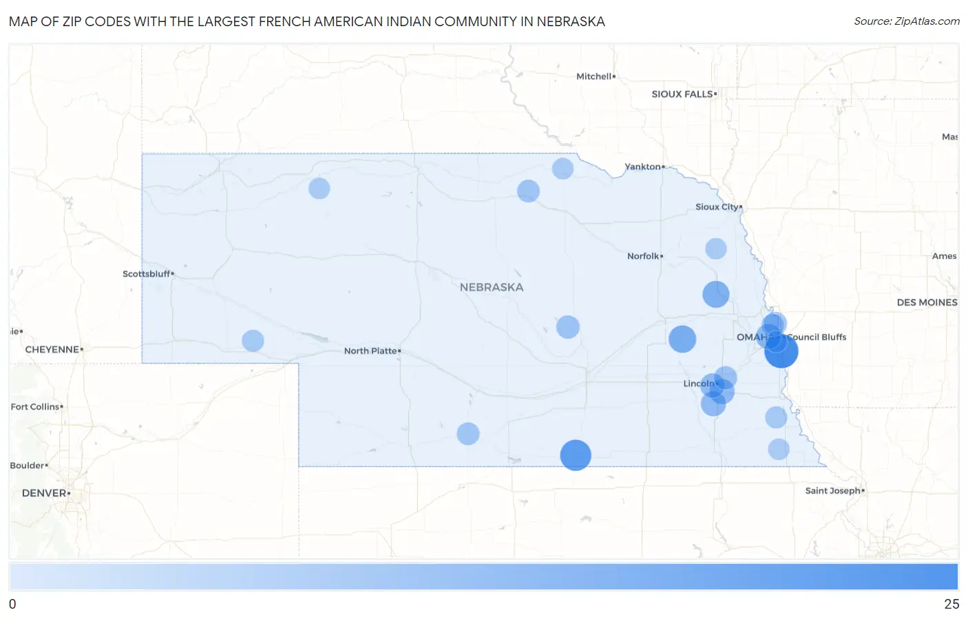 Zip Codes with the Largest French American Indian Community in Nebraska Map