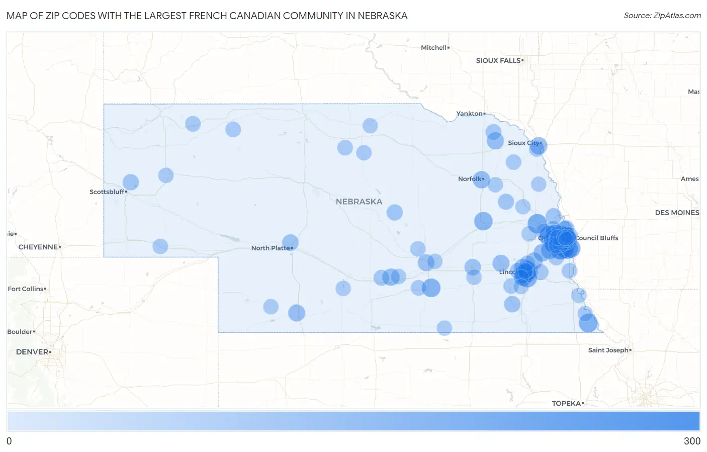 Zip Codes with the Largest French Canadian Community in Nebraska Map