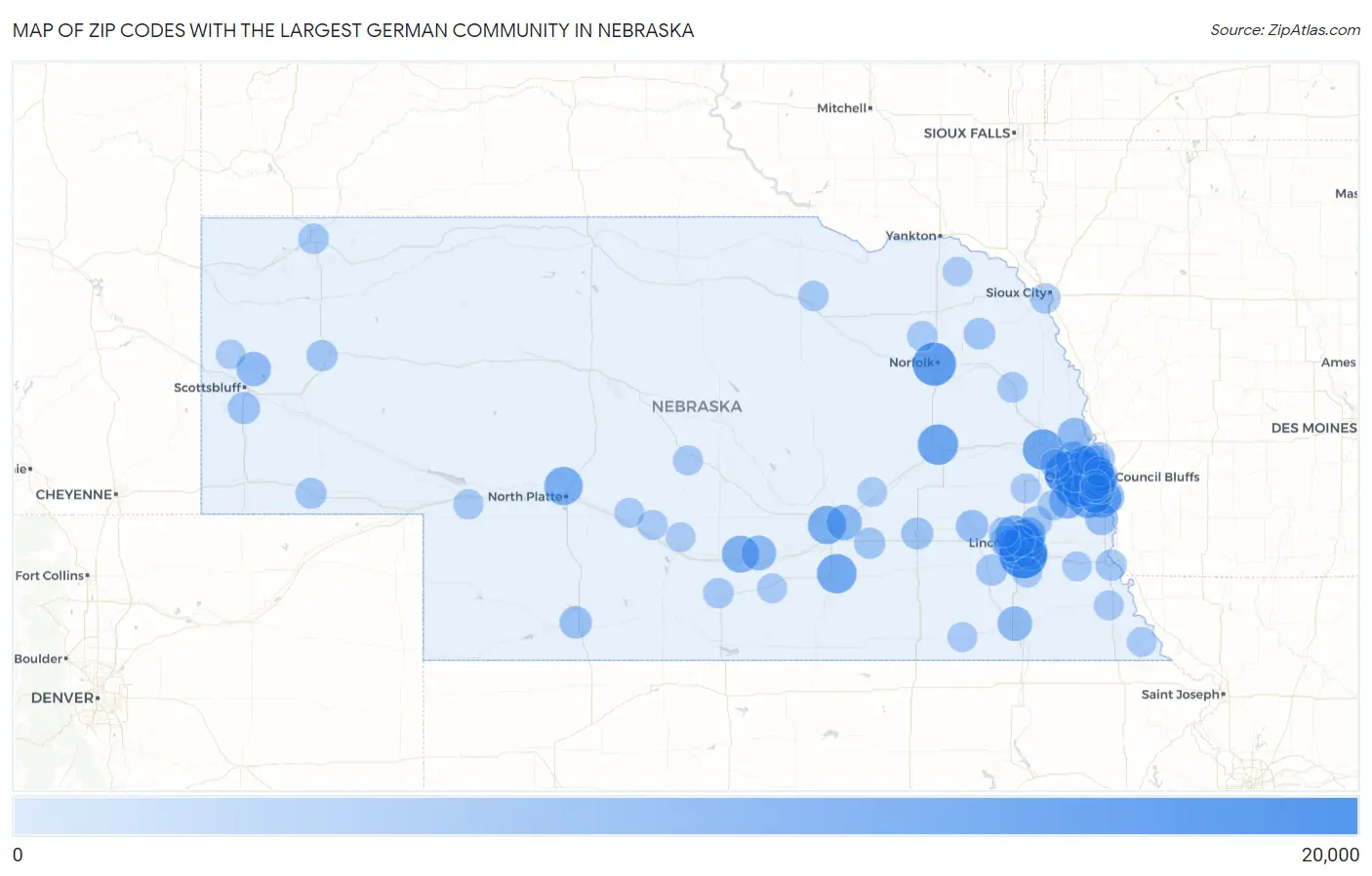 Zip Codes with the Largest German Community in Nebraska Map