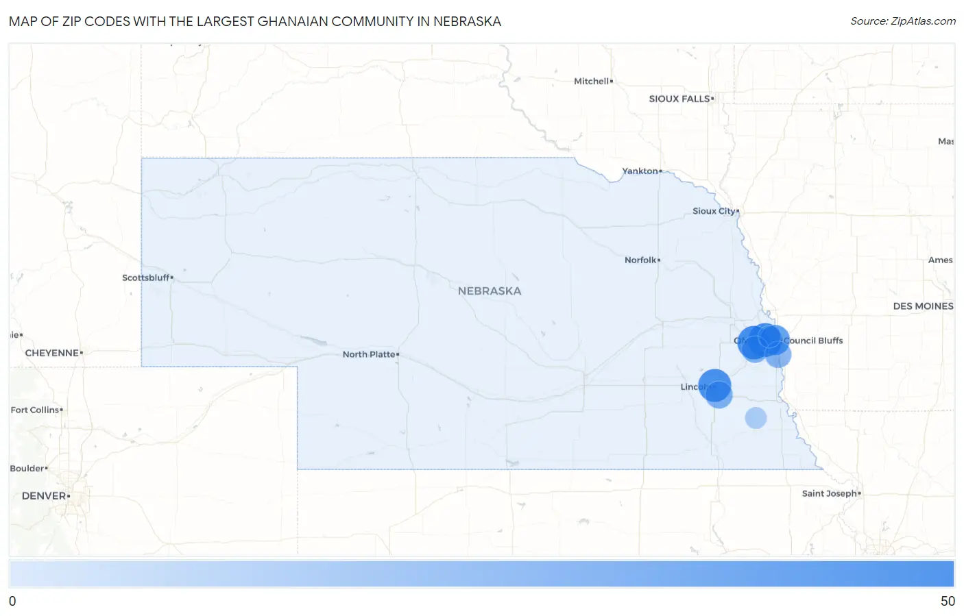 Zip Codes with the Largest Ghanaian Community in Nebraska Map