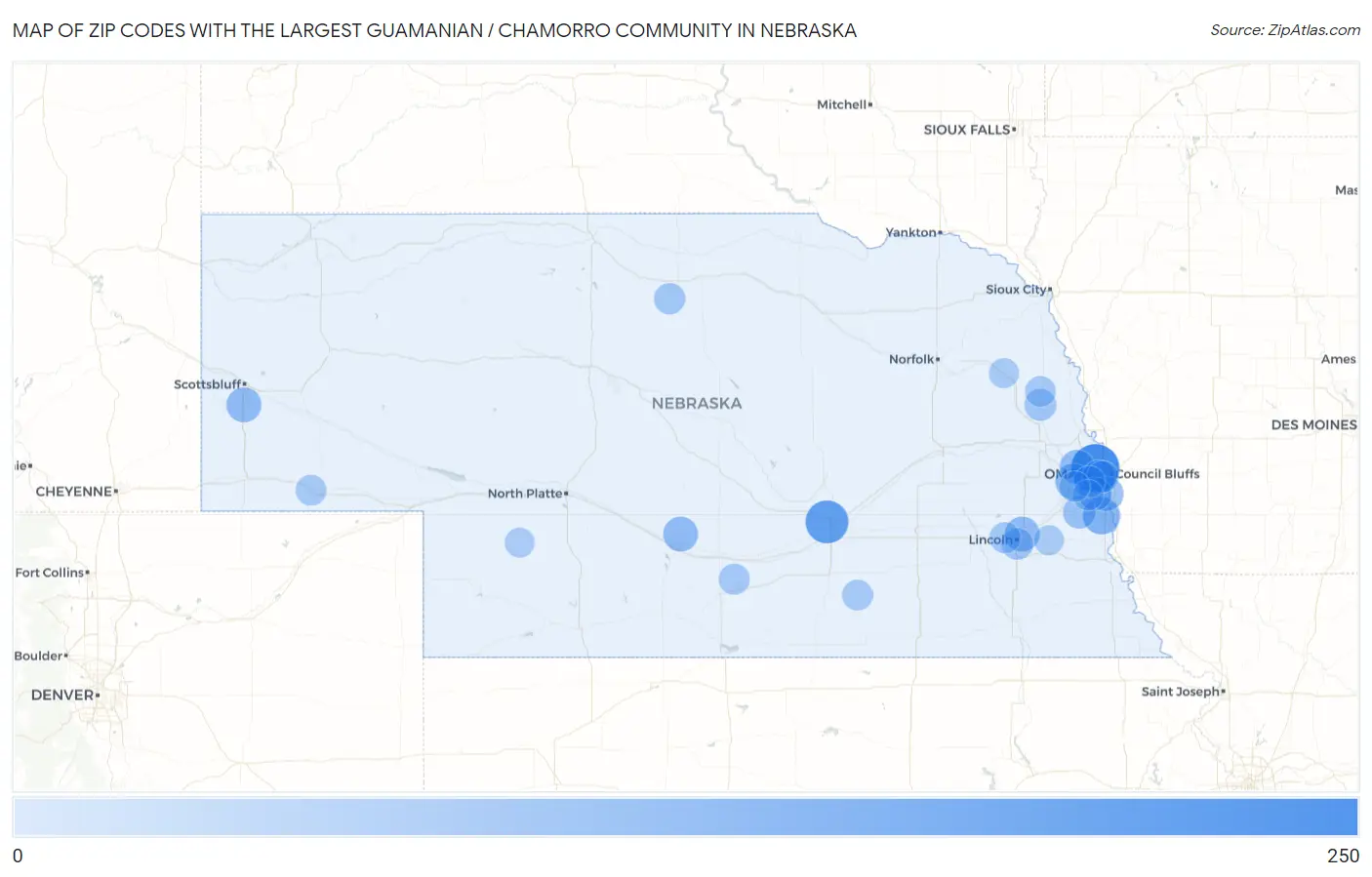 Zip Codes with the Largest Guamanian / Chamorro Community in Nebraska Map