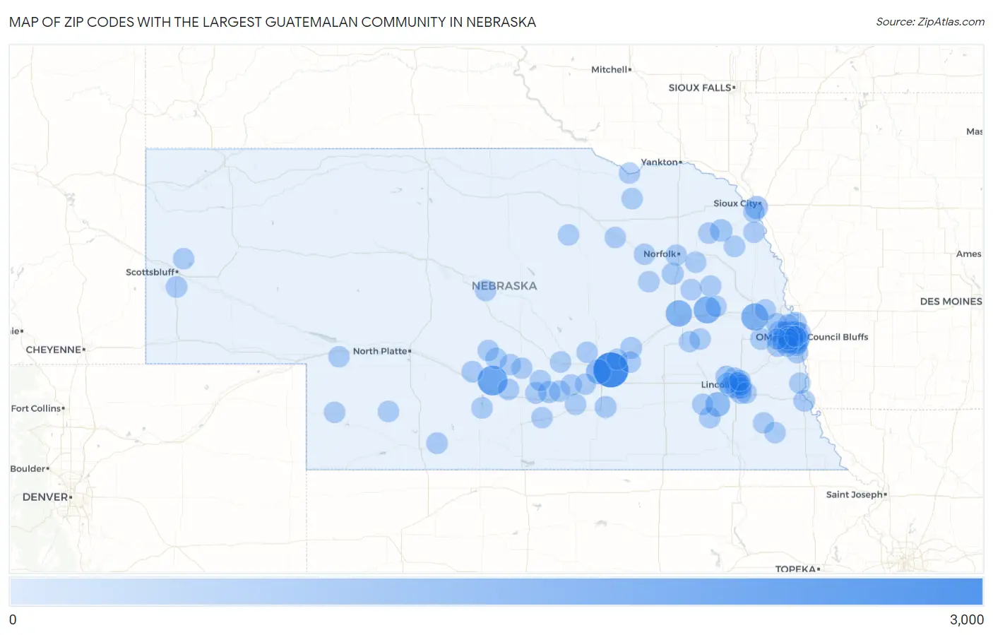 Zip Codes with the Largest Guatemalan Community in Nebraska Map