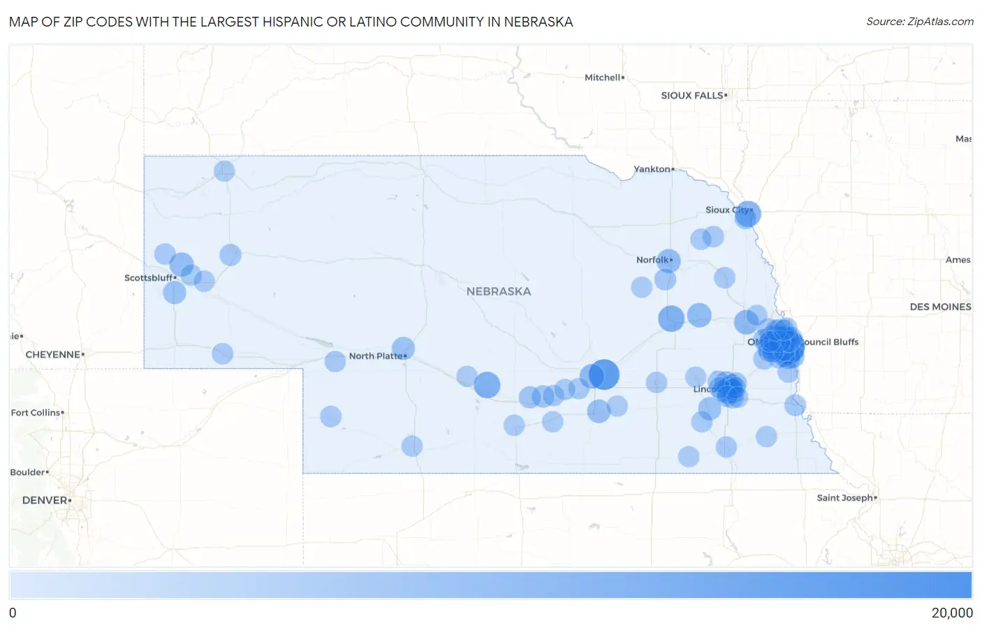Zip Codes with the Largest Hispanic or Latino Community in Nebraska Map