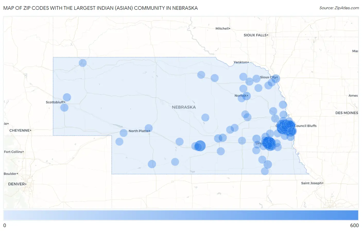 Zip Codes with the Largest Indian (Asian) Community in Nebraska Map