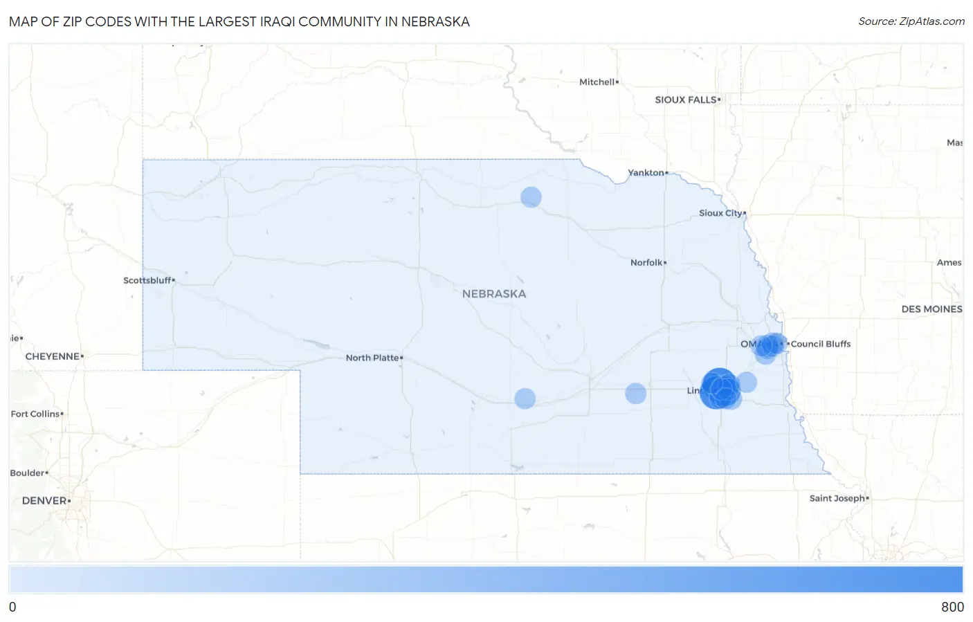 Zip Codes with the Largest Iraqi Community in Nebraska Map