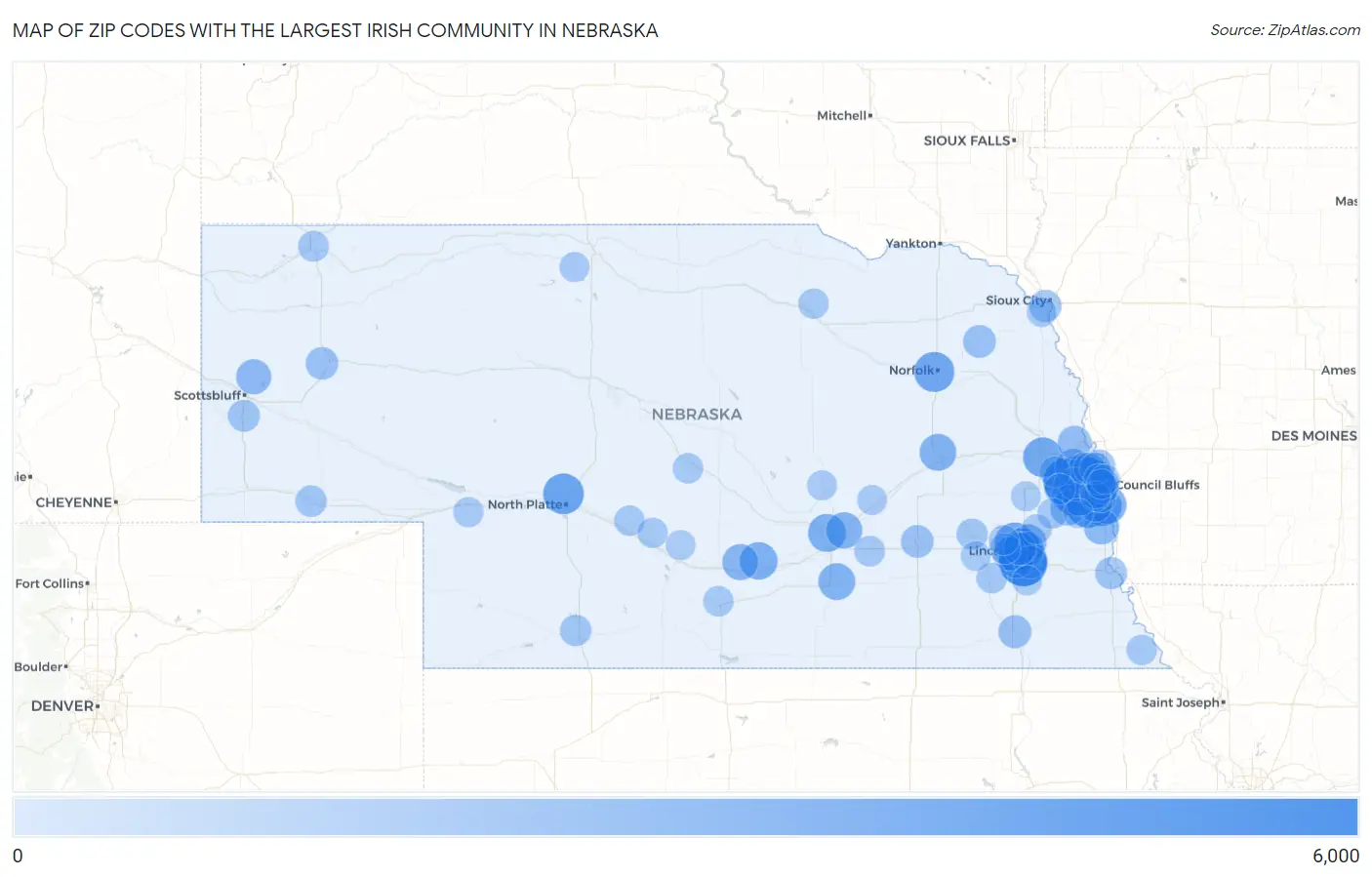 Zip Codes with the Largest Irish Community in Nebraska Map