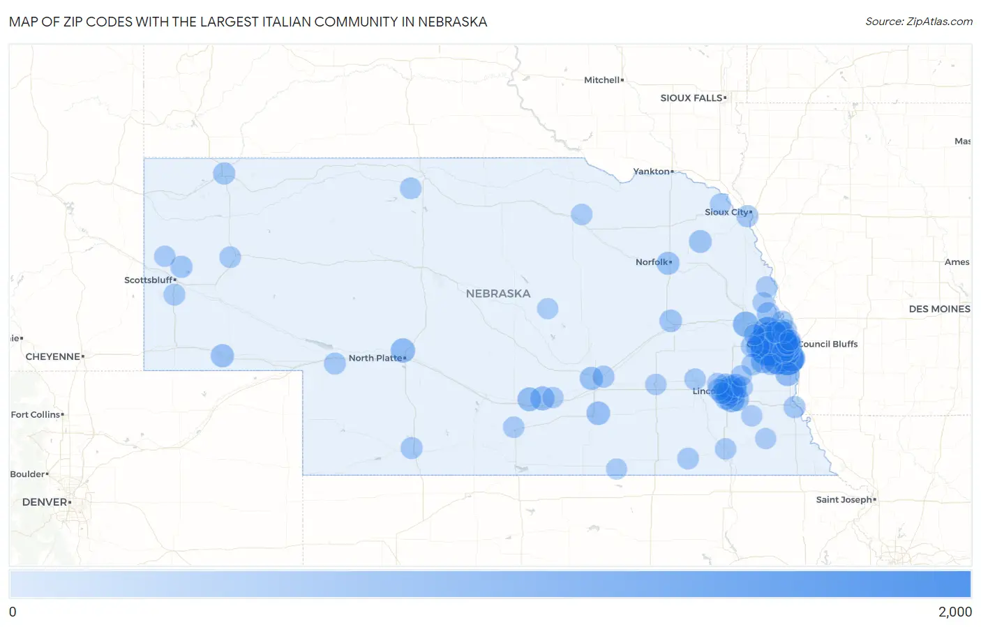 Zip Codes with the Largest Italian Community in Nebraska Map
