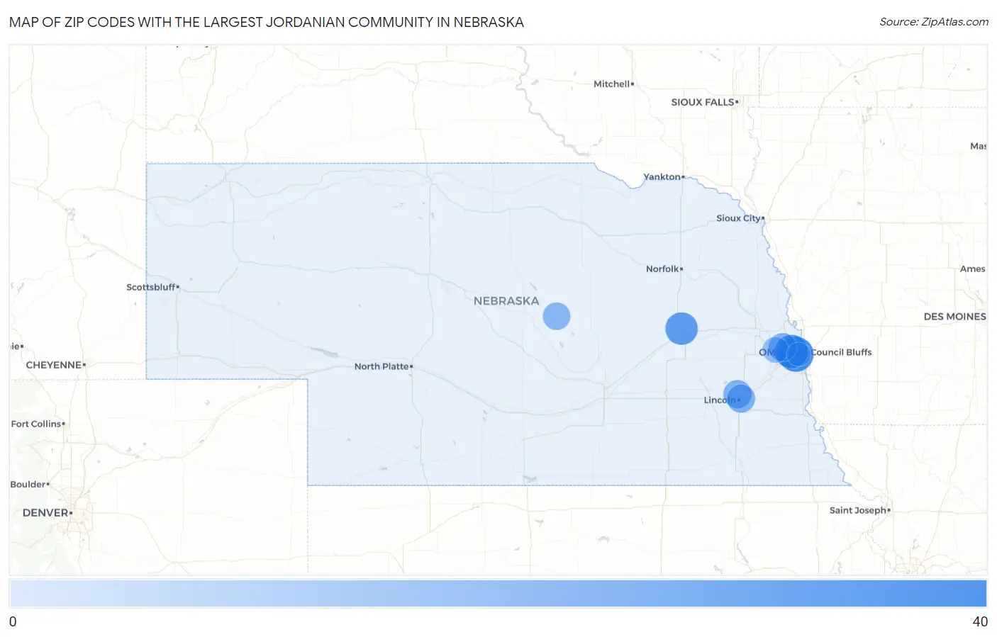 Zip Codes with the Largest Jordanian Community in Nebraska Map