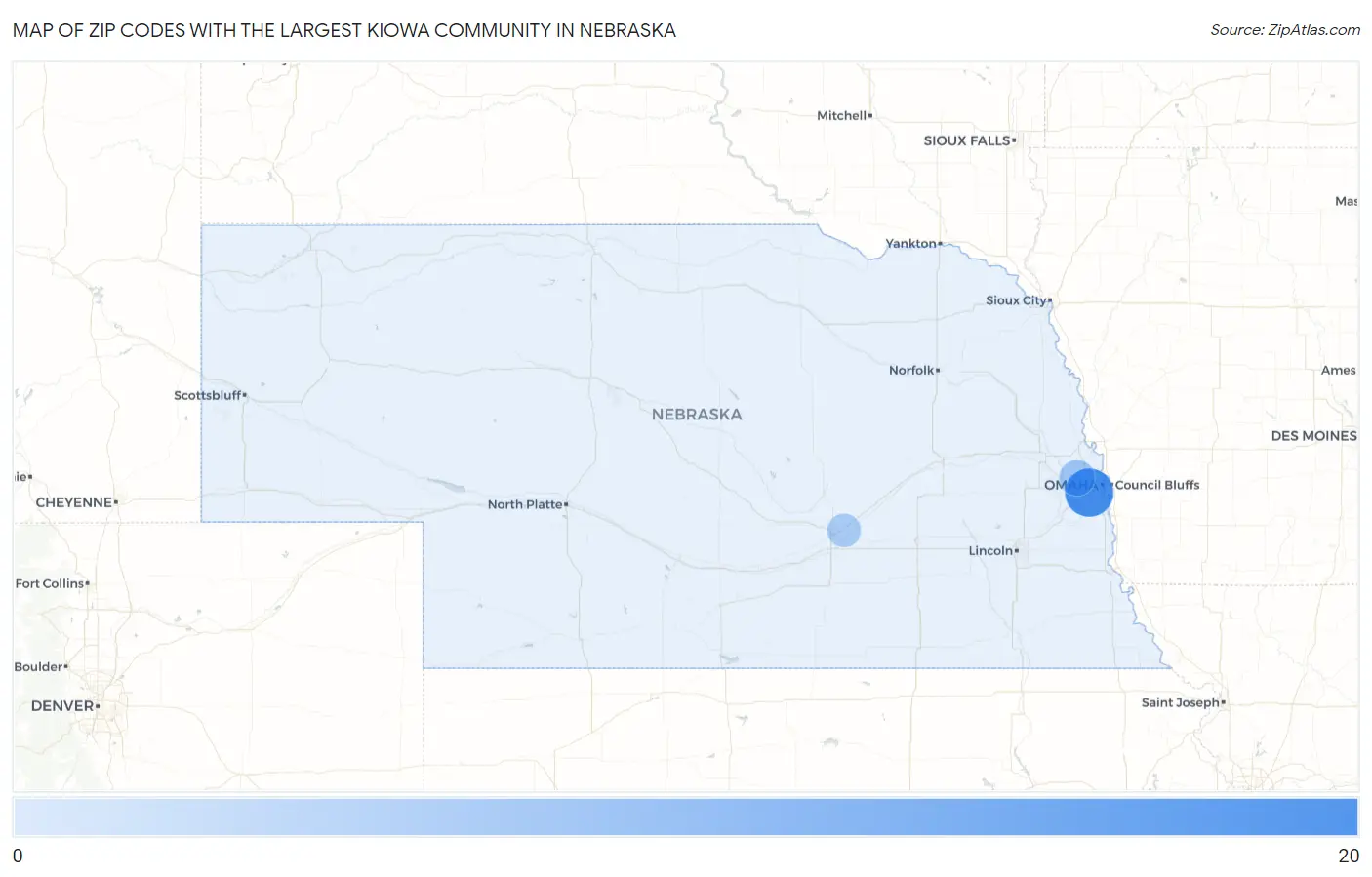 Zip Codes with the Largest Kiowa Community in Nebraska Map