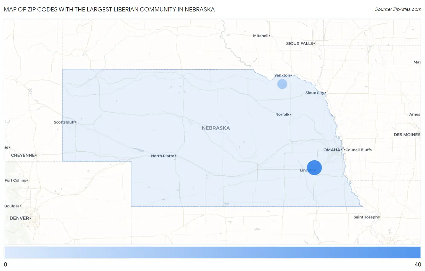 Zip Codes with the Largest Liberian Community in Nebraska Map