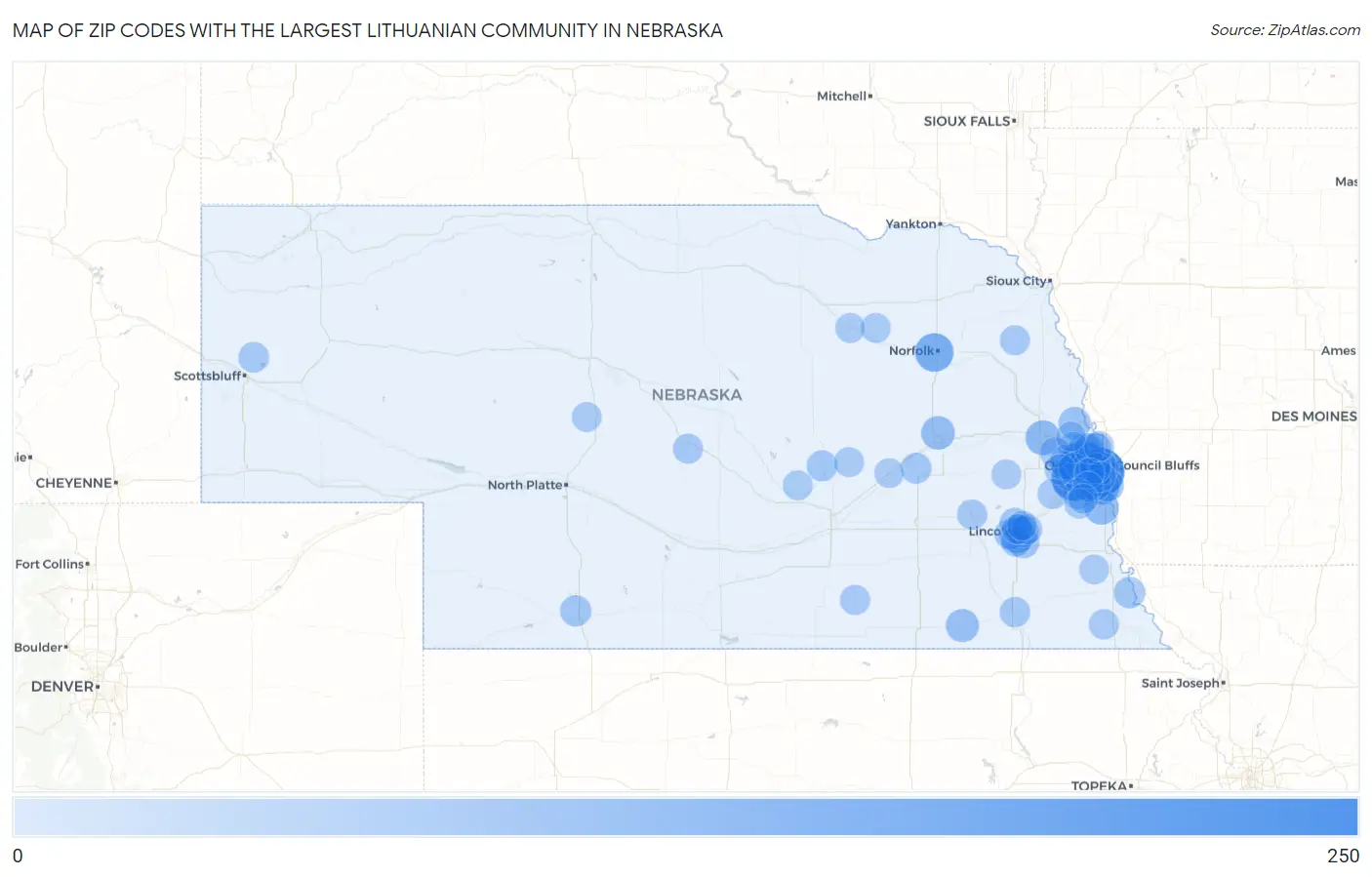 Zip Codes with the Largest Lithuanian Community in Nebraska Map