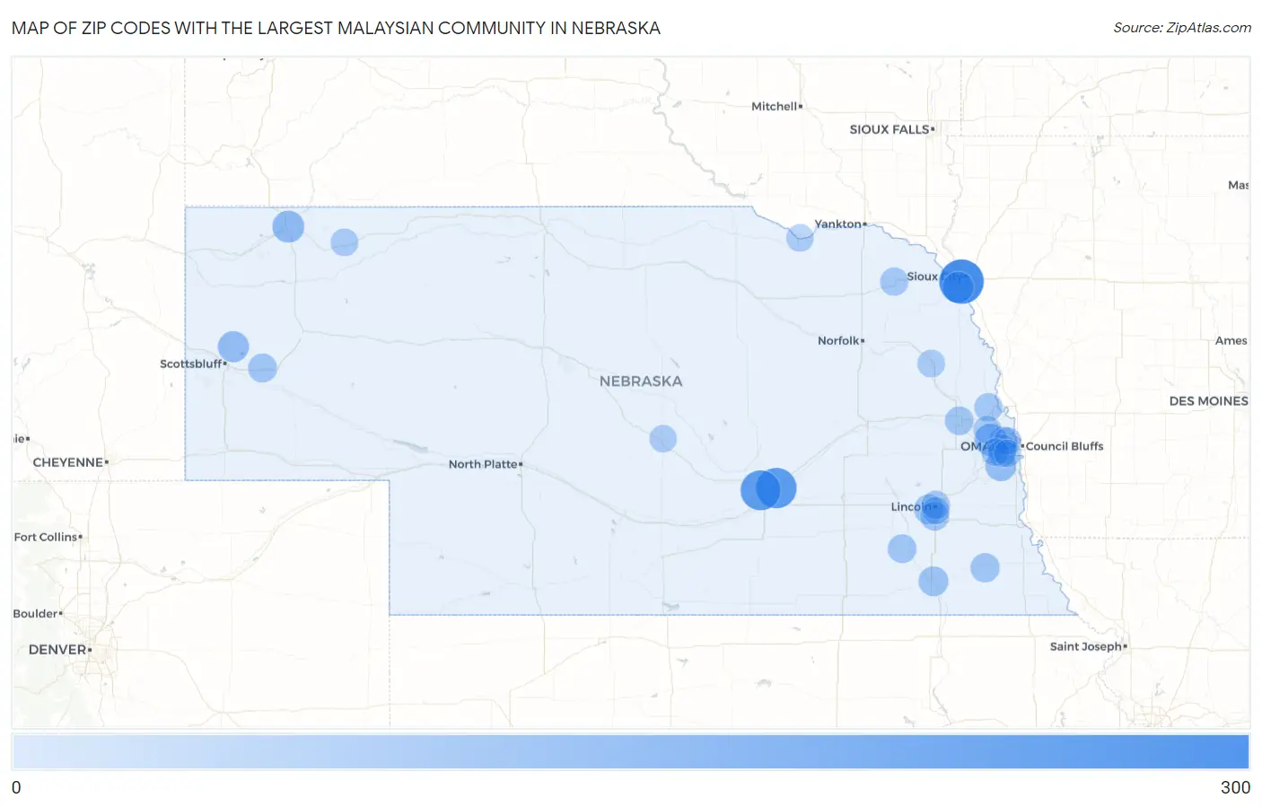 Zip Codes with the Largest Malaysian Community in Nebraska Map