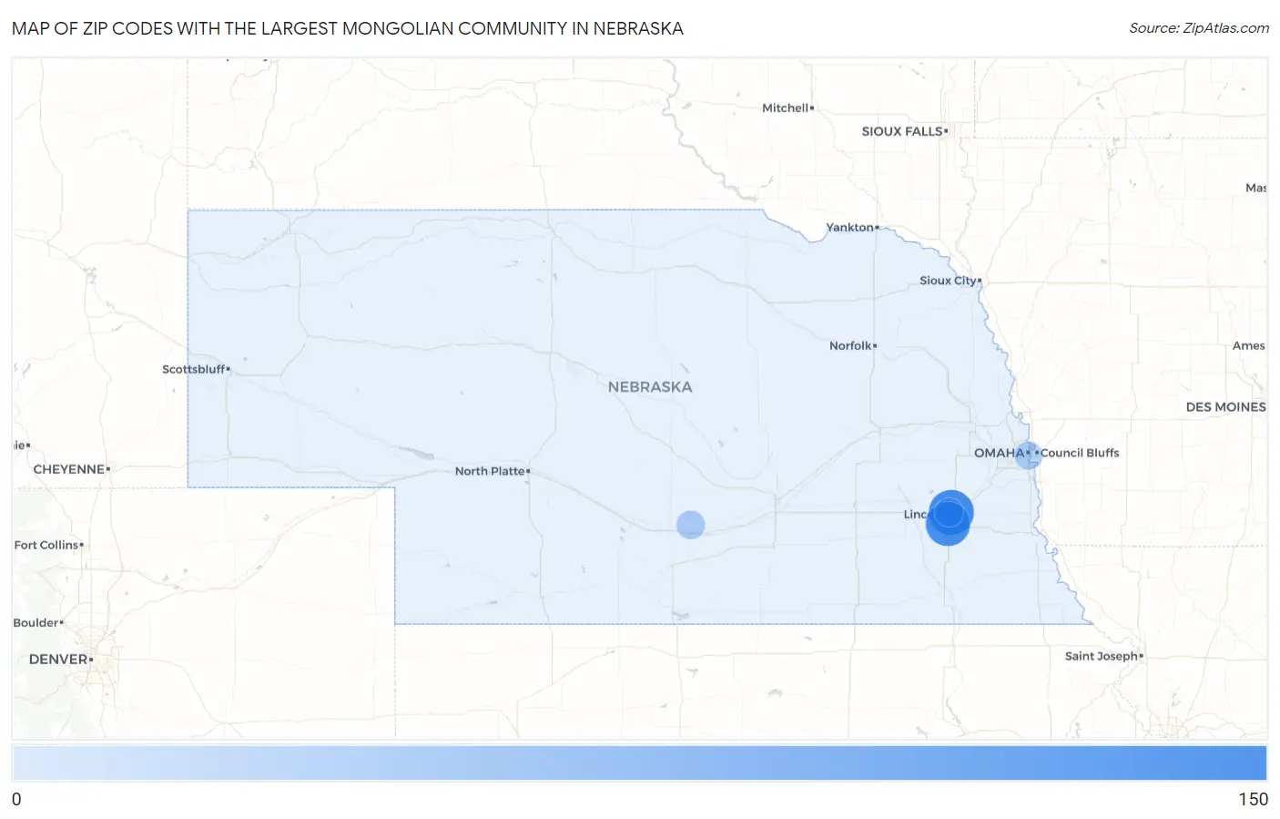 Zip Codes with the Largest Mongolian Community in Nebraska Map