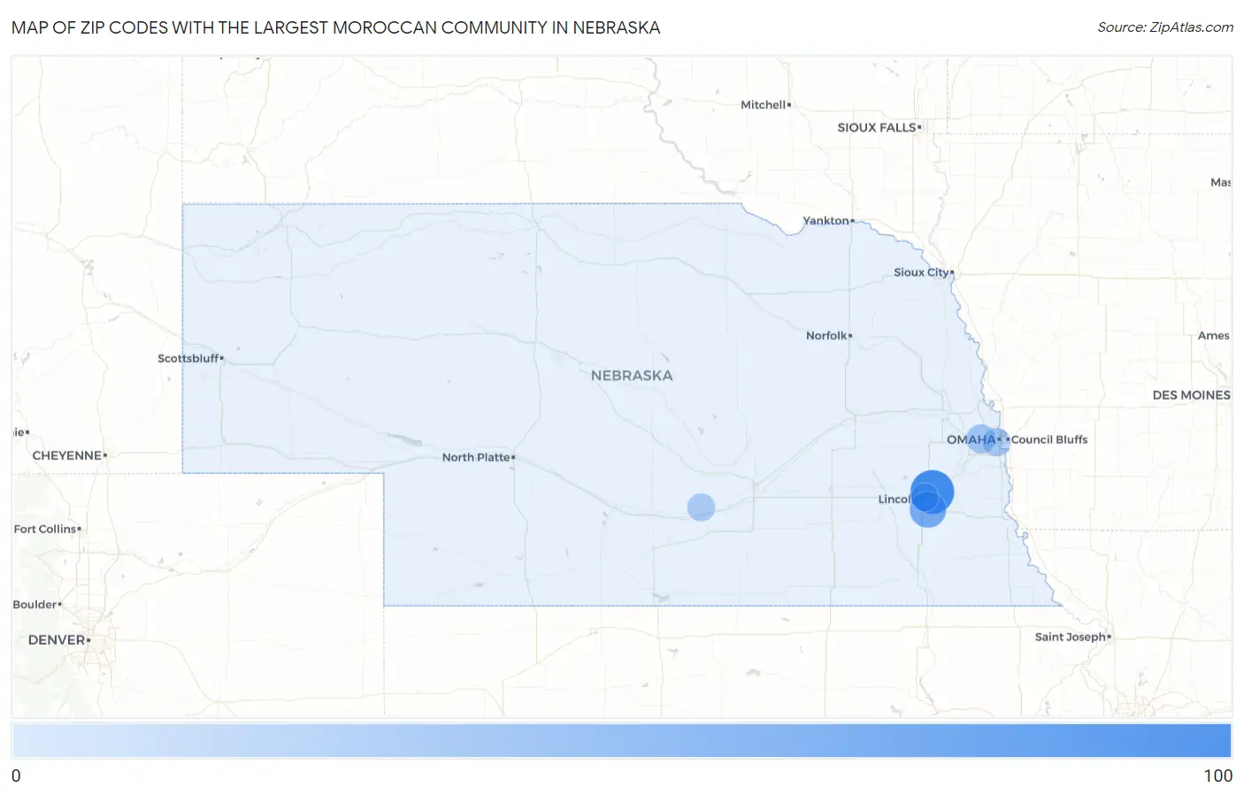 Zip Codes with the Largest Moroccan Community in Nebraska Map