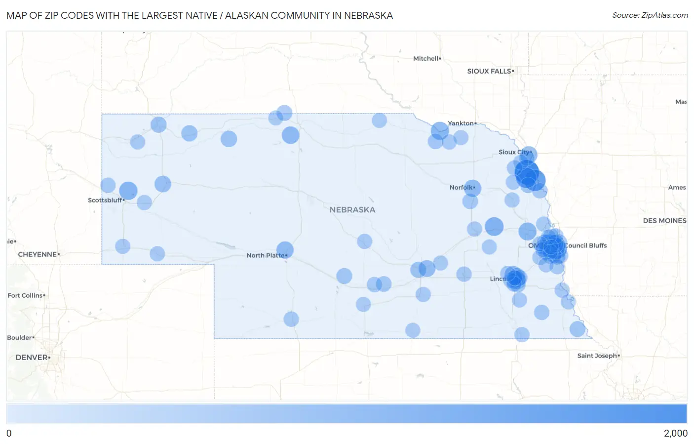 Zip Codes with the Largest Native / Alaskan Community in Nebraska Map