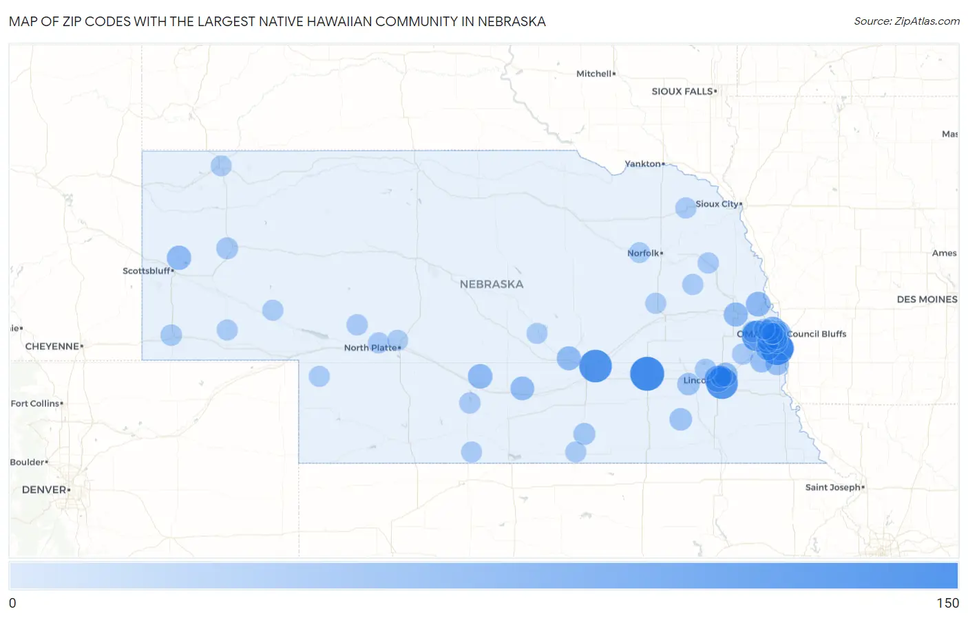 Zip Codes with the Largest Native Hawaiian Community in Nebraska Map