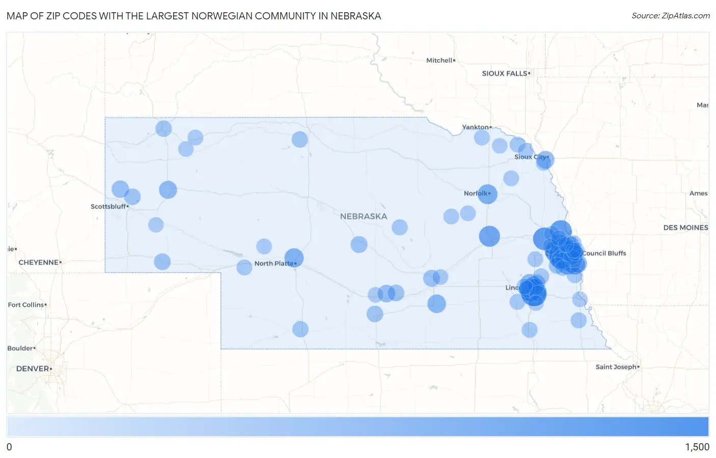 Zip Codes with the Largest Norwegian Community in Nebraska Map