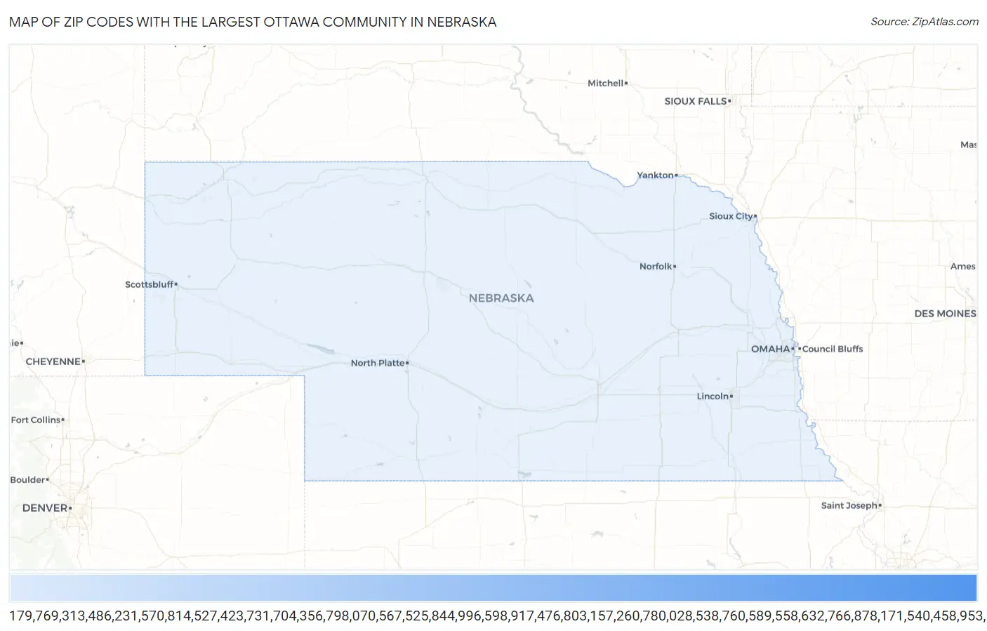 Zip Codes with the Largest Ottawa Community in Nebraska Map