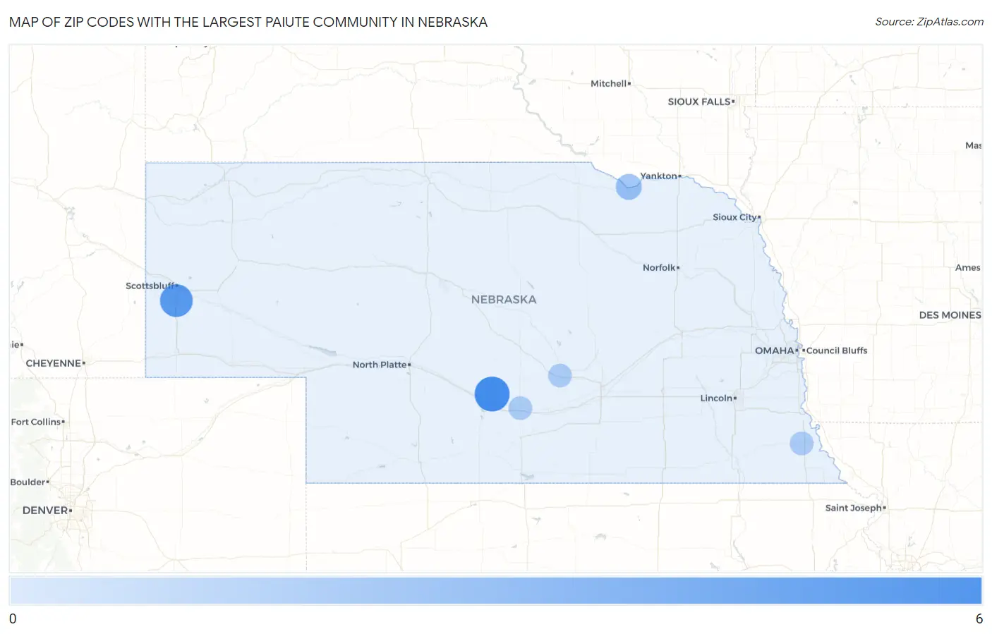 Zip Codes with the Largest Paiute Community in Nebraska Map