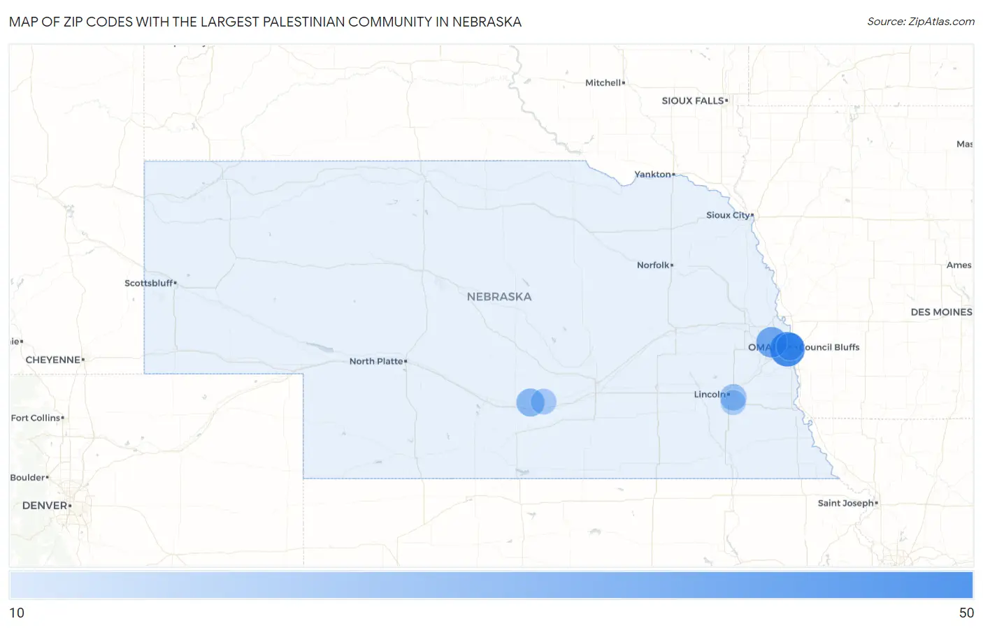 Zip Codes with the Largest Palestinian Community in Nebraska Map