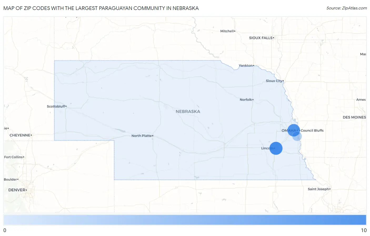 Zip Codes with the Largest Paraguayan Community in Nebraska Map