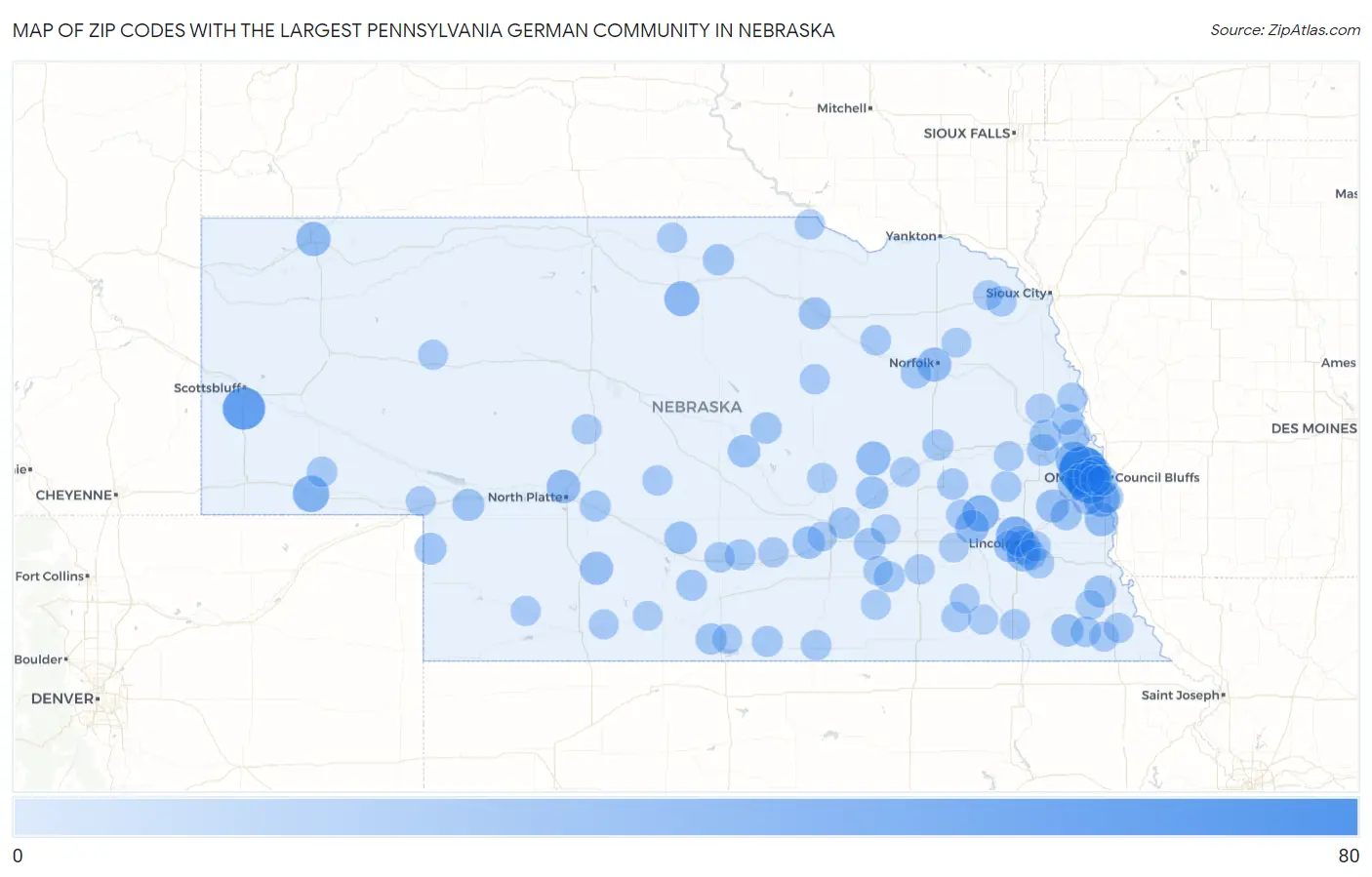 Zip Codes with the Largest Pennsylvania German Community in Nebraska Map