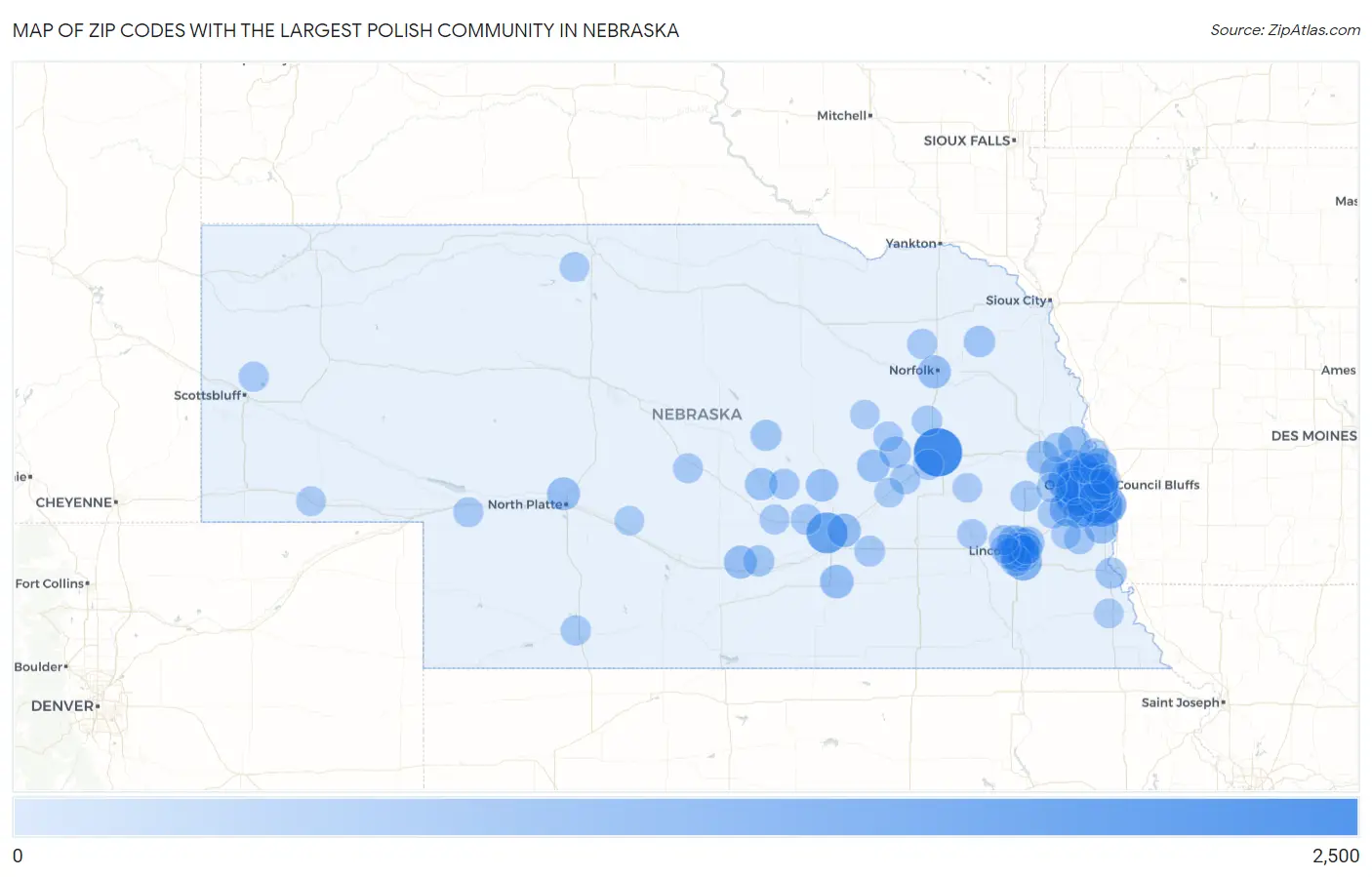 Zip Codes with the Largest Polish Community in Nebraska Map