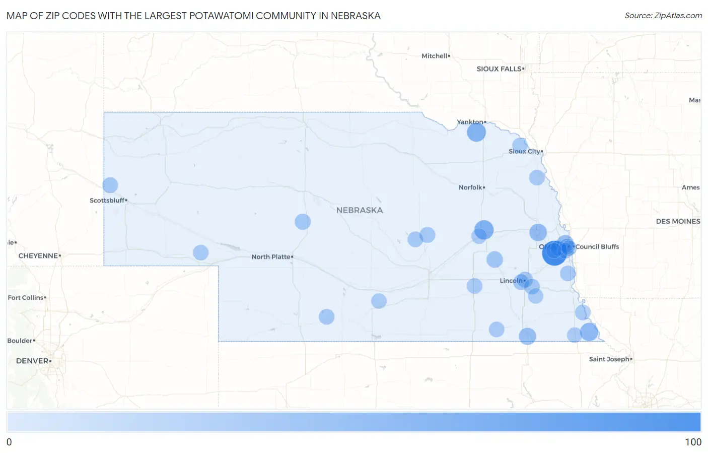 Zip Codes with the Largest Potawatomi Community in Nebraska Map