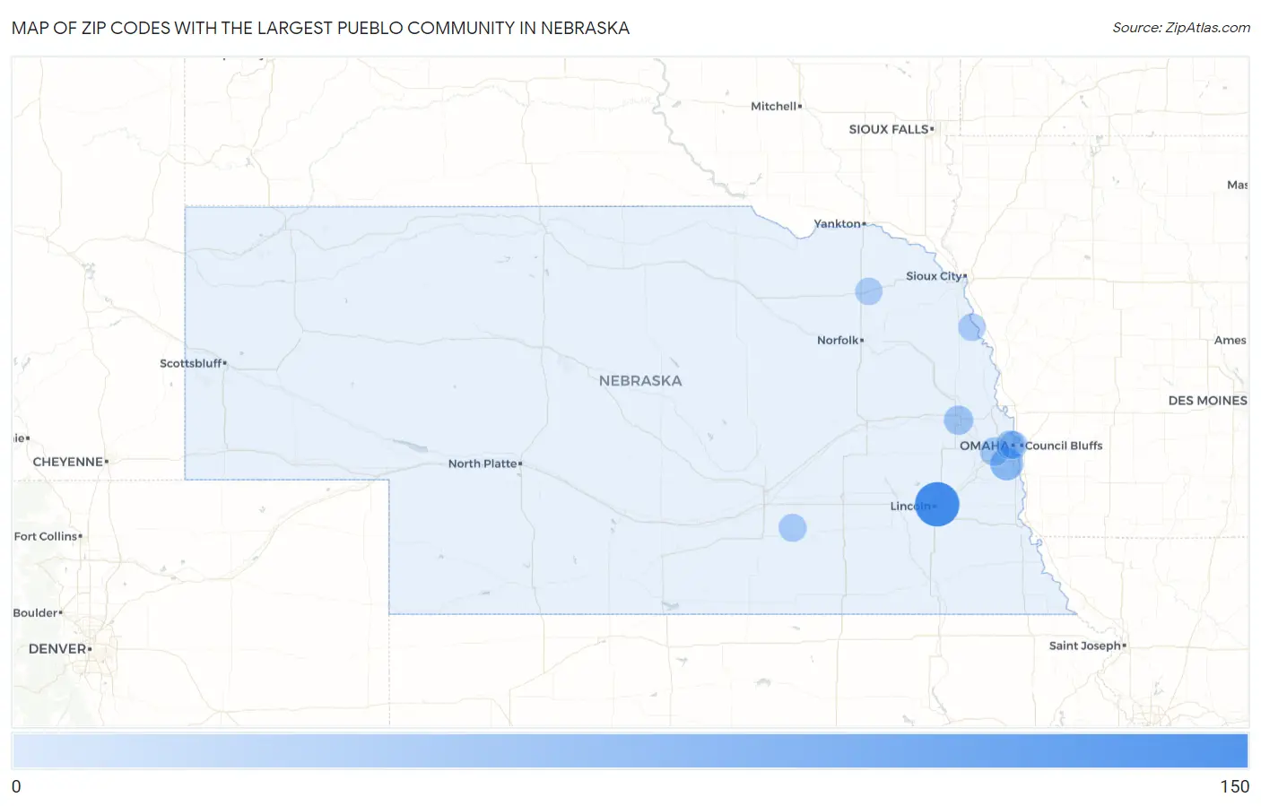 Zip Codes with the Largest Pueblo Community in Nebraska Map