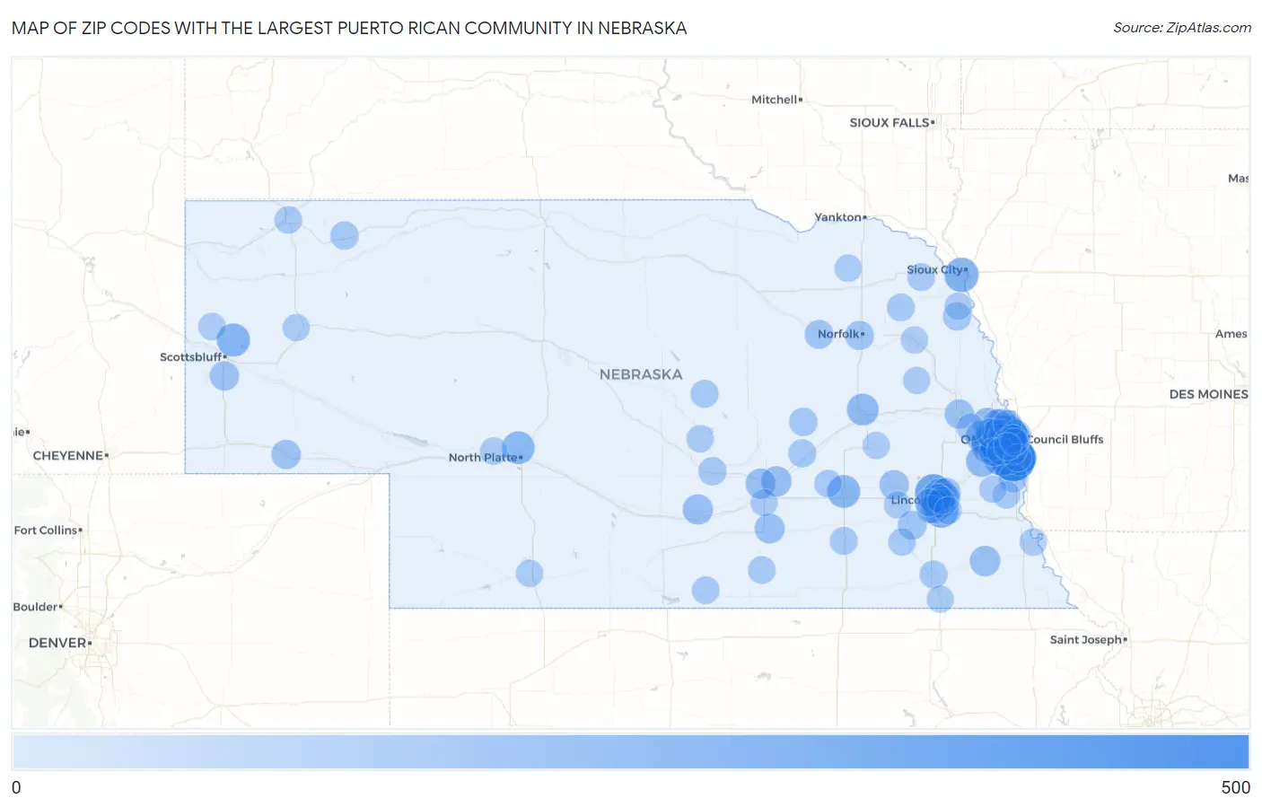 Zip Codes with the Largest Puerto Rican Community in Nebraska Map