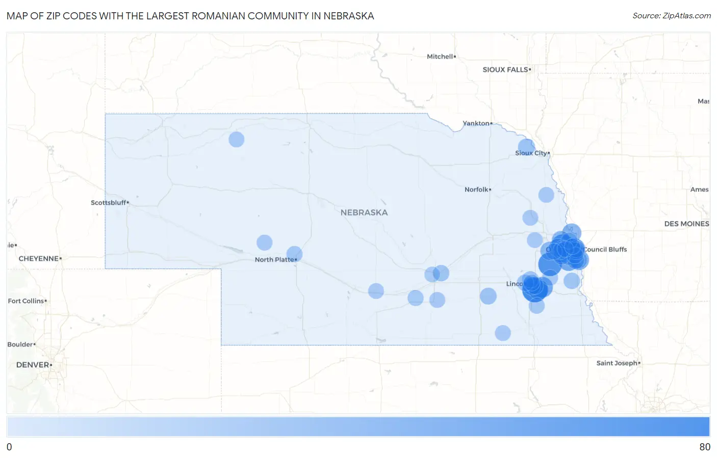 Zip Codes with the Largest Romanian Community in Nebraska Map