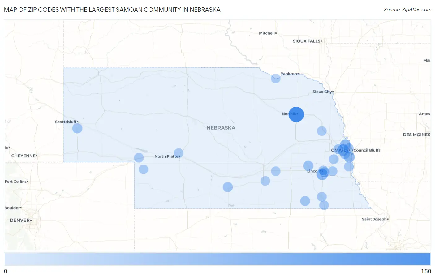 Zip Codes with the Largest Samoan Community in Nebraska Map