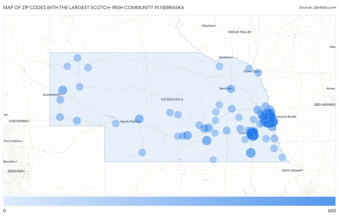 Zip Codes with the Largest Scotch-Irish Community in Nebraska Map