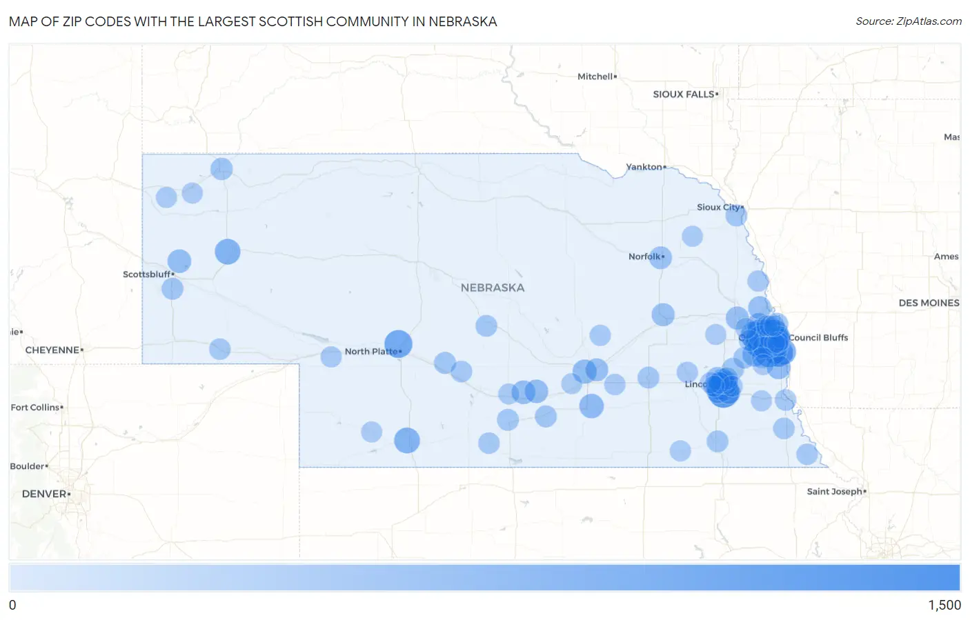 Zip Codes with the Largest Scottish Community in Nebraska Map