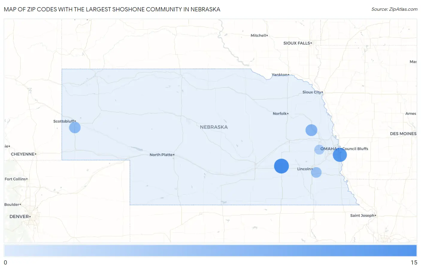 Zip Codes with the Largest Shoshone Community in Nebraska Map