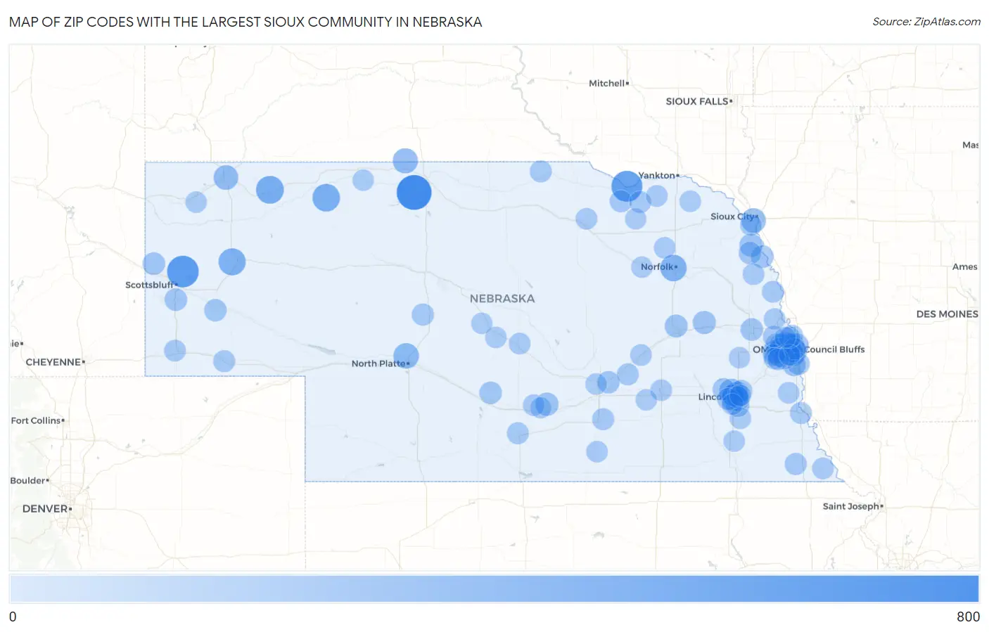 Zip Codes with the Largest Sioux Community in Nebraska Map
