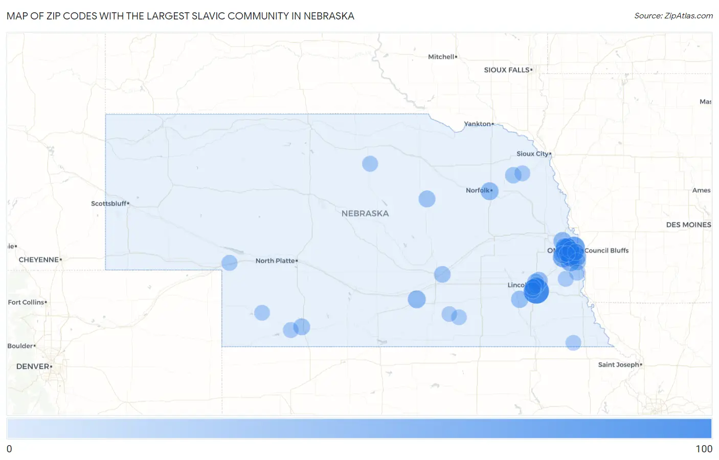 Zip Codes with the Largest Slavic Community in Nebraska Map