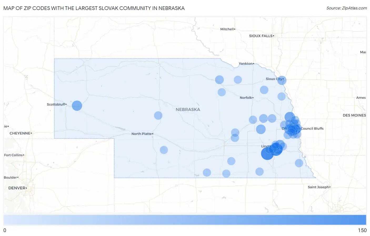 Zip Codes with the Largest Slovak Community in Nebraska Map