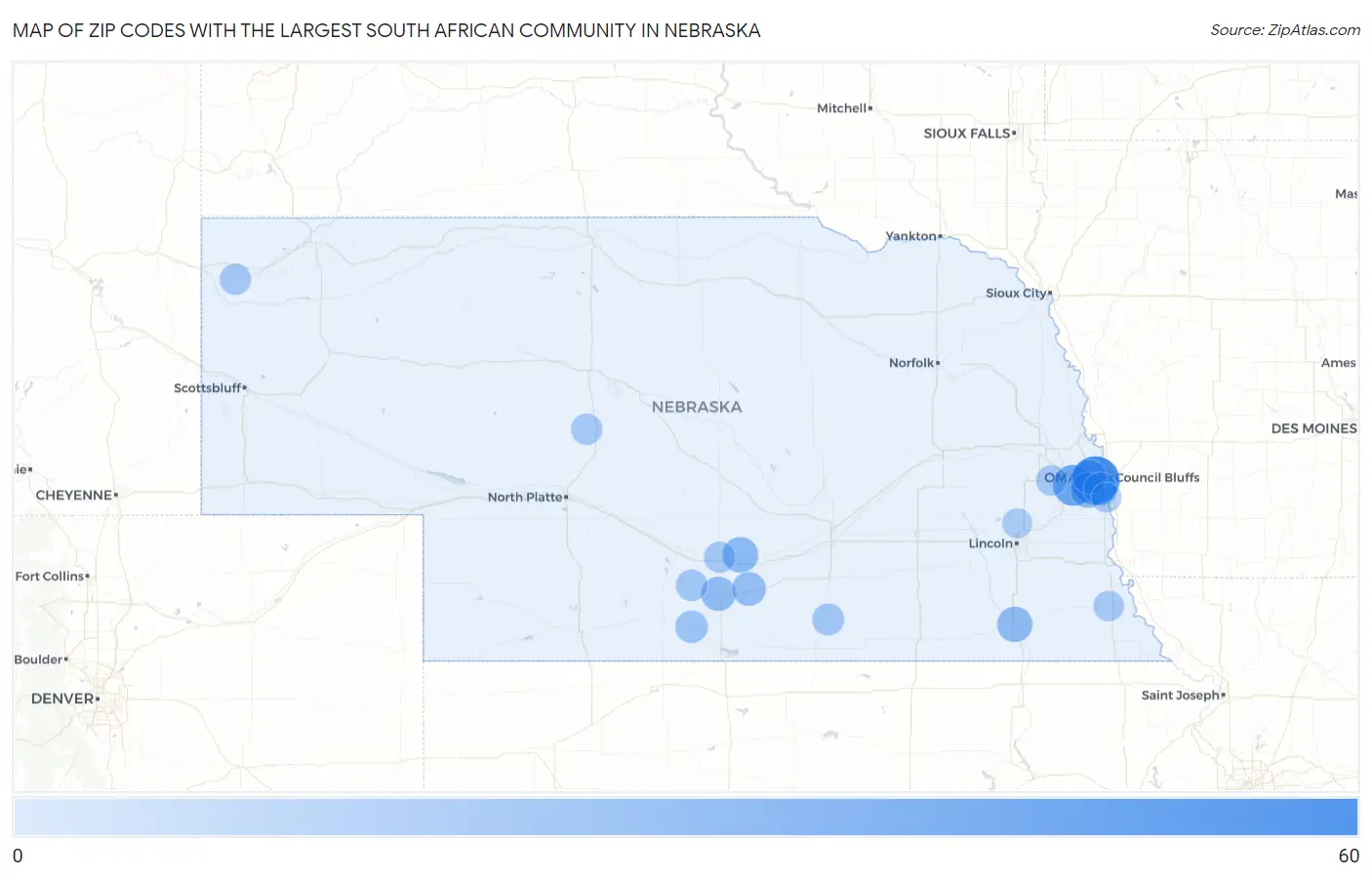 Zip Codes with the Largest South African Community in Nebraska Map