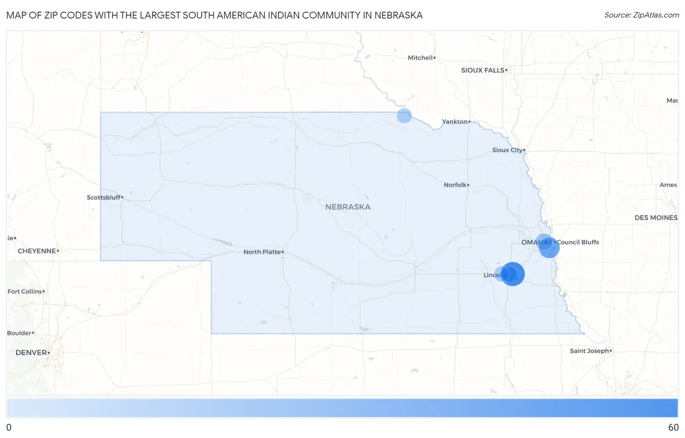 Zip Codes with the Largest South American Indian Community in Nebraska Map